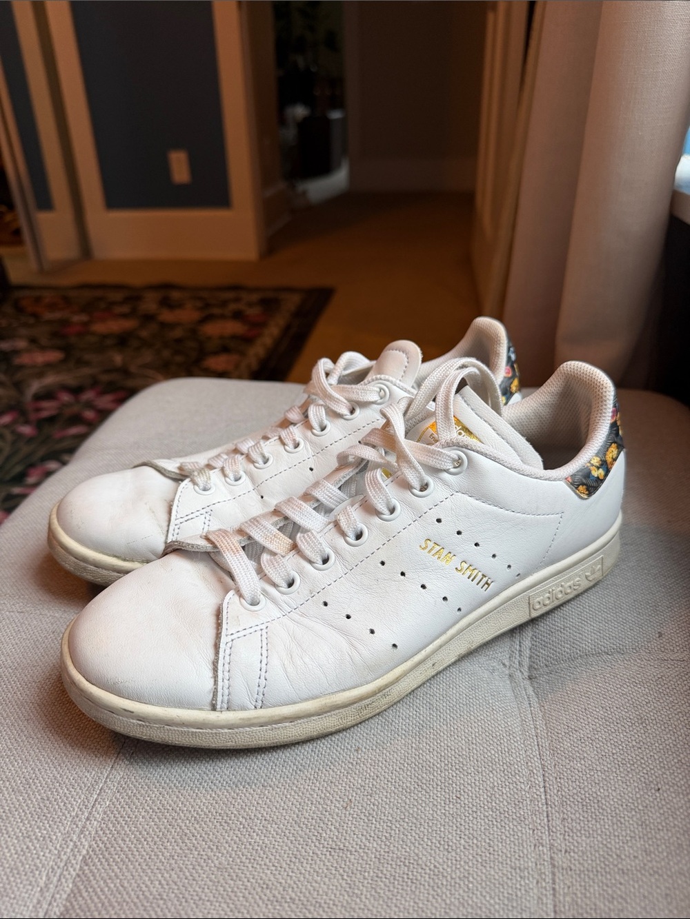 adidas White Stan Smith Sneakers with Floral Heel Tab
